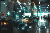 A man in a suit is holding a tablet with a graphic of a truck and other vehicles