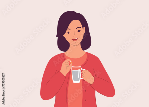 One Smiling Woman Taking Medicine With A Glass Of Water. Half Length.