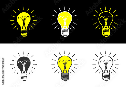 Light bulbs stylized with radiating lines suggest illumination. Concept of ideas, inspirations, innovations and solutions in simple hand-drawn.