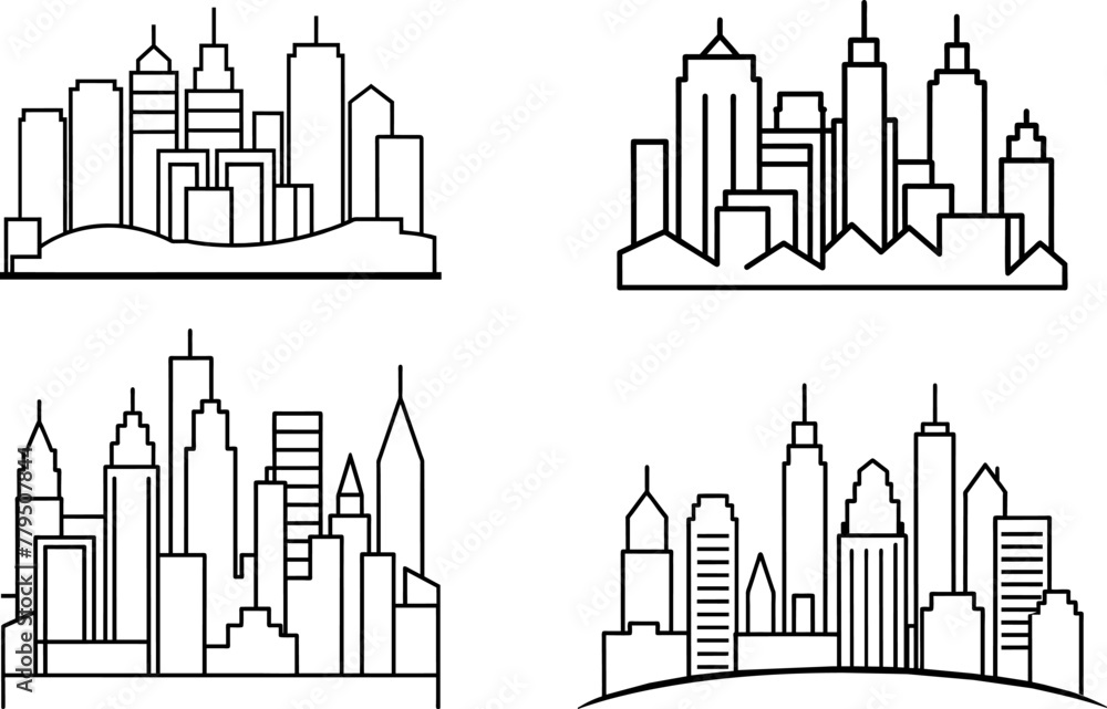 set of city line art vector illustration
