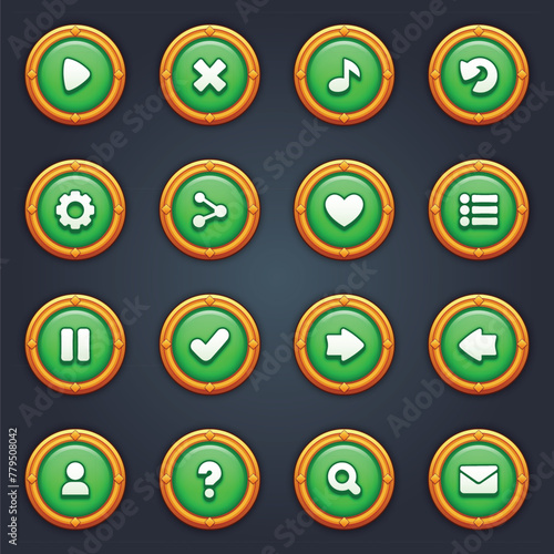 Game ui set of green buttons in cartoon style gui to build 2d games cartoon casual buttons kit