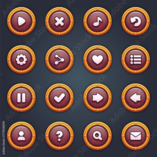 Game ui set of brown buttons in cartoon style gui to build 2d games cartoon casual buttons kit