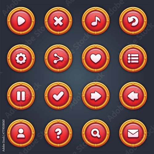 Game ui set of red buttons in cartoon style gui to build 2d games cartoon casual buttons kit