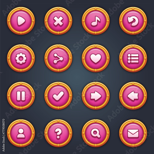 Game ui set of pink buttons in cartoon style gui to build 2d games cartoon casual buttons kit