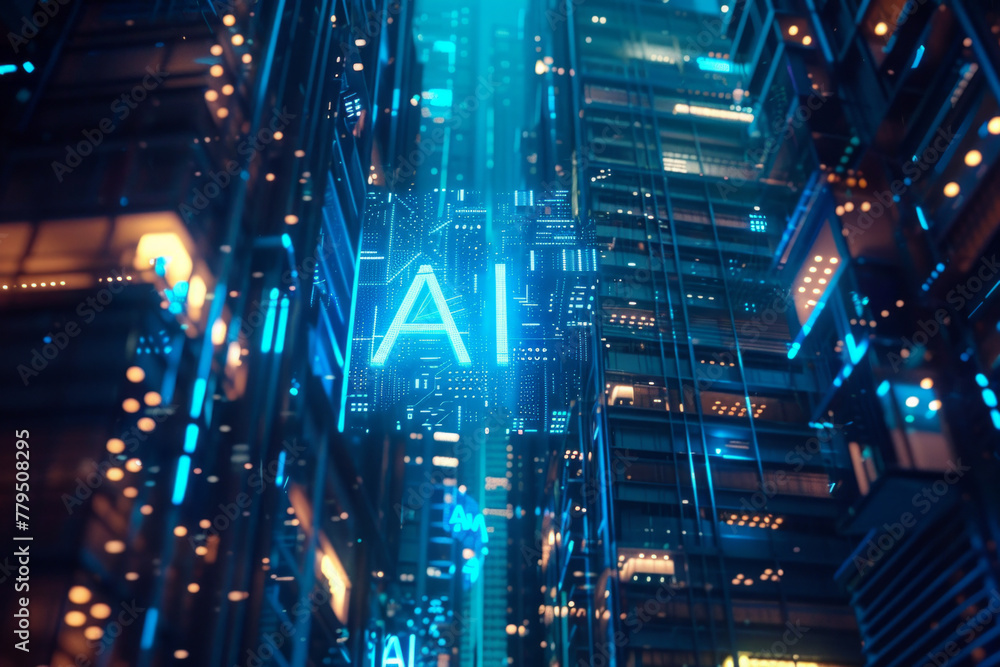 Concept of how AI can transform a business, AI text on office building
