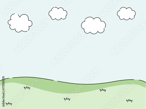 手描き風の丘と空と雲の背景