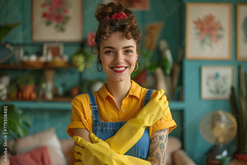 Portrait of a young happy smiling woman housewife wearing rubber gloves with cleaning tools, standing in the living room and looking cheerful at camera. 