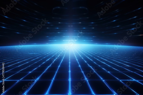 blue light grid on dark background central perspective  futuristic retro style with copy space for design text photo backdrop
