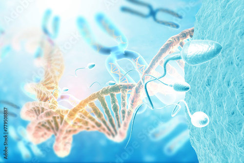 Sperm cells dna with chromosomes. 3d illustration.. photo