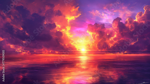 A beautiful sunset over the ocean with a large, colorful cloud in the sky