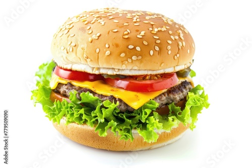 Juicy Hamburger with All the Fixings on a Crispy Bun - Isolated on White Background