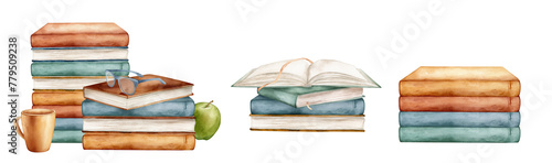 Set of books and green apple watercolor illustration isolated on white background. Open and stack of books clipart brown green colors. Vintage old textbooks and glasses watercolor hand drawn.