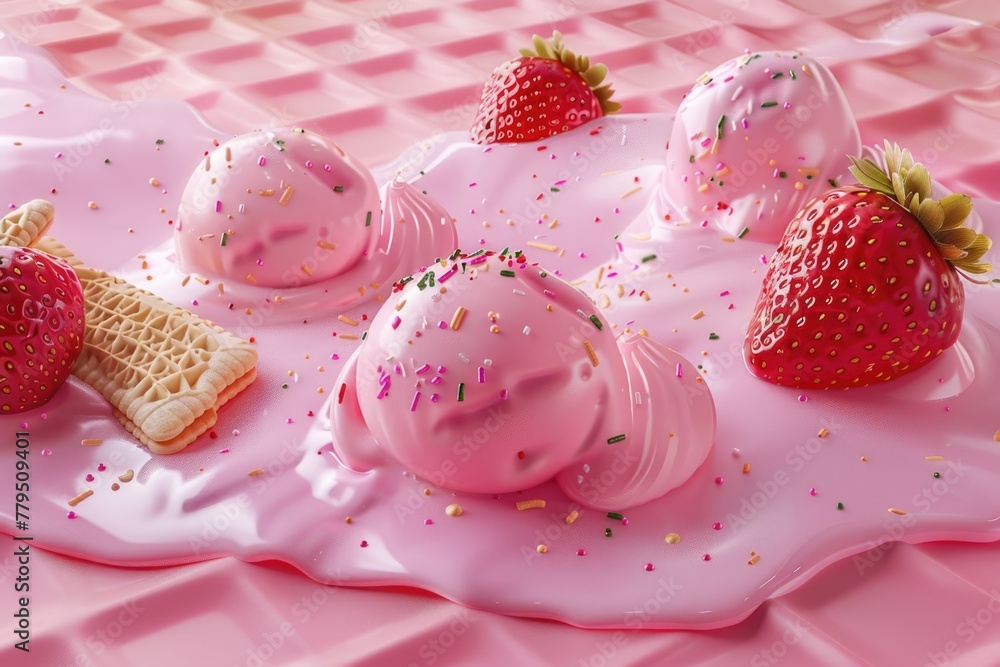 Melted Strawberry and Vanilla Ice Cream with Sprinkles on Wafer Background - 3D Candy Illustration Melted Strawberry and Vanilla Ice Cream with Sprinkles on Wafer Background - 3D Candy Illustration