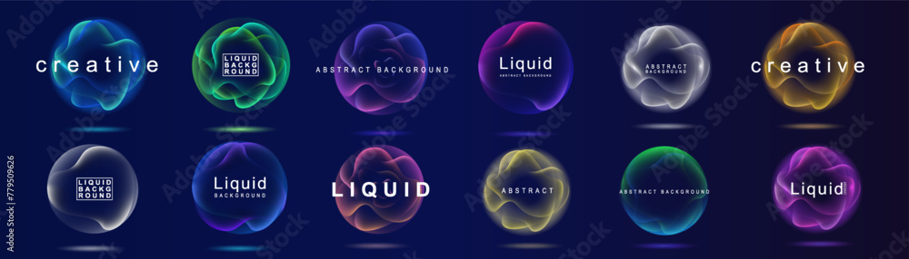 Naklejka premium Gradient neon color sphere. Round holographic gradients. Glowing bright liquid gradient shape. Curved line for banner and flyer, social media. Vector twirl.
