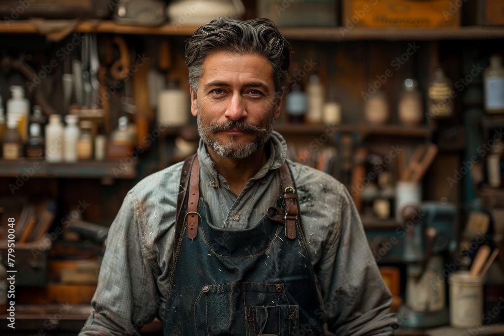 A mature man with a well-groomed beard poses confidently in a historical workshop setting, wearing denim and leather A mature man with a well-groomed beard poses confidently in a historical workshop setting, wearing denim and leather