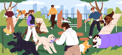 People training agility with puppies at dogs park, playground. Men and women walking doggies of different breeds at yard. Owners play with their playful pets outdoors. Flat vector illustration © Paper Trident
