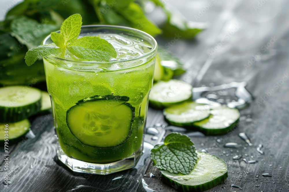 Refreshing Non-alcoholic Cucumber Juice in a Glass on Grey Wooden Background with Cut-out Cucumbers and Greens Refreshing Non-alcoholic Cucumber Juice in a Glass on Grey Wooden Background with Cut-out Cucumbers and Greens