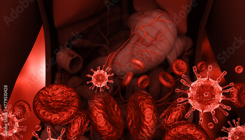 Human digestive system with virus bacteria. 3d illustration.
