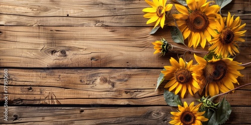 Rustic Autumnal Sunflowers on Wooden Board with Copyspace. Thanksgiving Concept with Golden Yellow Sunflowers, Brown Leaves on Wood. 16:9 Ratio