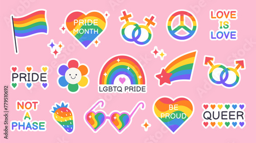 Set of LGBT sticker on pink background. Symbol of the LGBTQ community. Pride month stickers. LGBT rainbow flag. Vector collection of LGBT flat style icons.