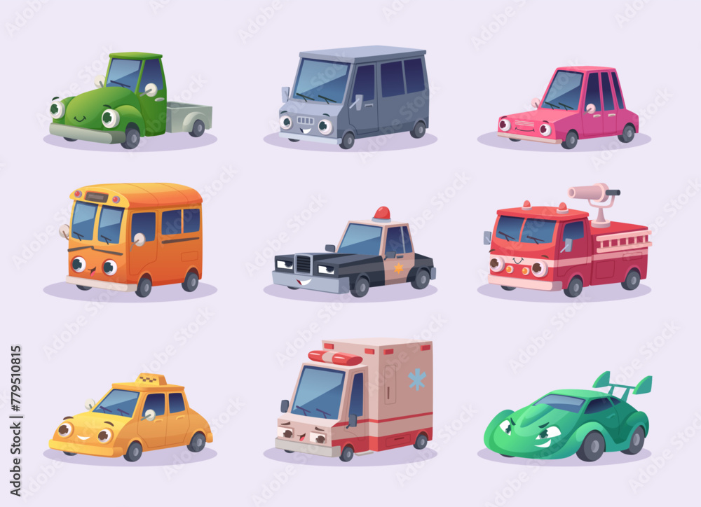 Cars emotions. Cute urban vehicles with big eyes exact vector cartoon illustrations set Cars emotions. Cute urban vehicles with big eyes exact vector cartoon illustrations set