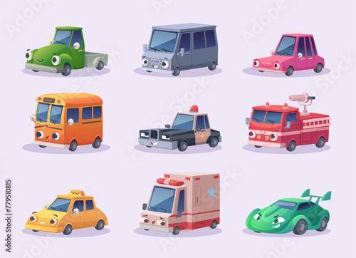 Cars emotions. Cute urban vehicles with big eyes exact vector cartoon illustrations set