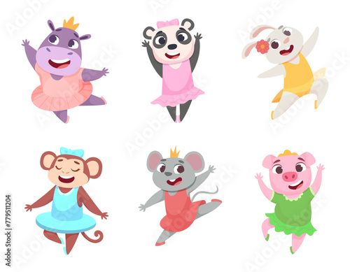 Ballet animals. Cartoon funny animals dancing in fashioned ballerinas clothes exact vector illustrations set