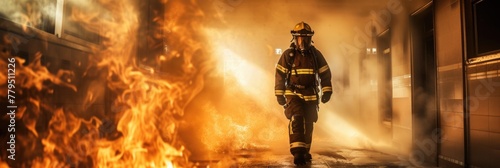 A firefighter is seen bravely making their way through a massive fire, tackling the dangerous flames head-on. photo