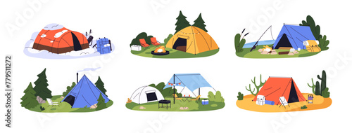 Campsites with tents set. Camping, place for rest in hiking. Campground with campfire. Halt during trekking. Recreation in nature, relax outdoor. Flat isolated vector illustrations on white background
