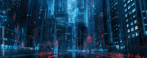 A futuristic cityscape at night with neon blue and red digital financial graphs overlaying skyscrapers, evoking a high-tech financial atmosphere