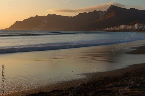 View of beach and coastline with mountains in background during golden hour, Puerto de La Aldea, Gran Canaria, Canary Islands Generative AI