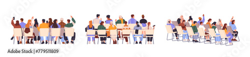 People sit on row of chairs back view set. Crowd is on seats in business conference. Audience of seminar rises hands to ask. Concert spectators. Flat isolated vector illustration on white background