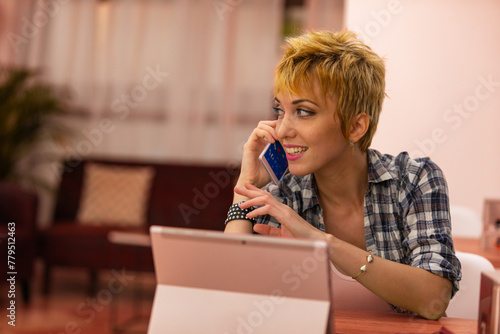 Photos Bright smile, productive call, multitasking mastery
