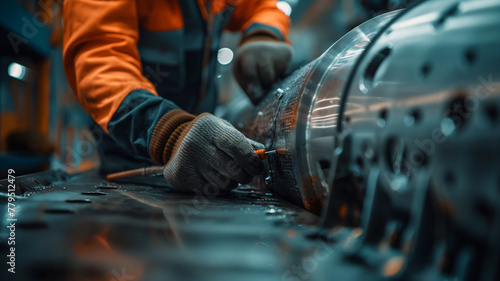 A man in an orange jacket is working on a machine