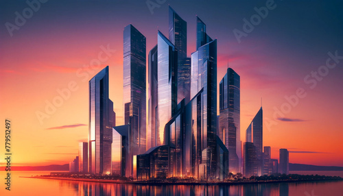 Cette image montre une ville futuriste au coucher du soleil. La ville est située sur une petite île au milieu de l'océan. Les bâtiments sont tous de formes et de tailles différentes, et ils sont tous 