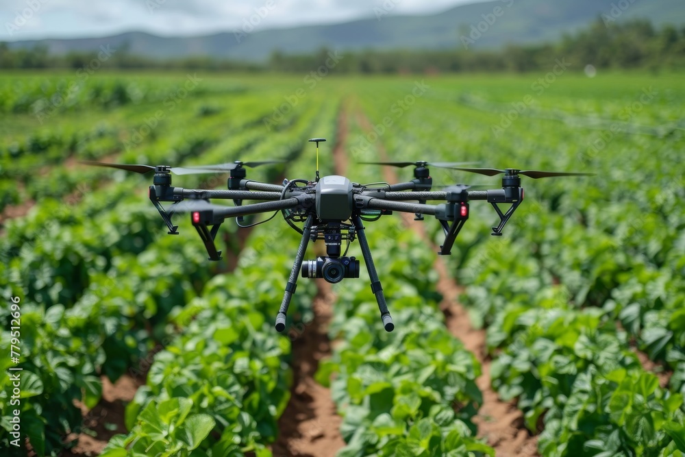 Drone flying over a green crop field for agricultural monitoring Drone flying over a green crop field for agricultural monitoring