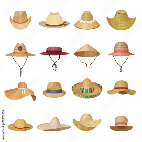 Straw headwear. Male and female panamas from sun cowboy and farmer hat various styles recent vector set