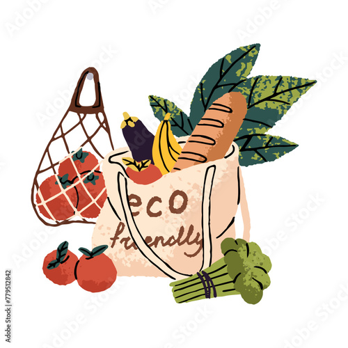 Natural food products in eco friendly canvas bag. Organic, ecologic clean goods from farm market. Sustainable consumption, conscious consumerism. Flat isolated drawing vector illustration on white