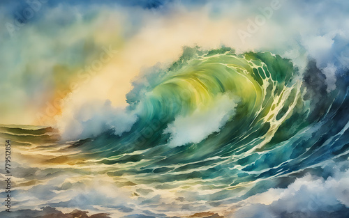 Abstract watercolor big wave for textures. Fresh, cheerful and relaxing summer concept. Positive and healthy tones.