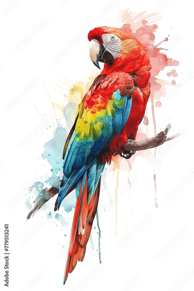 Fototapeta premium simple minimalistic flat style of watercolor sketch of cute cartoon parrot print, white background 