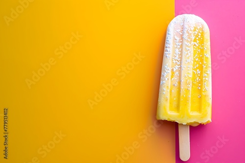 delicious yellow popsicle ice-cream isolated on a bright pink and yellow background. Lemon banana pineapple mango melon flavor. tasty fresh summer banner, simple fruit copy space card photo