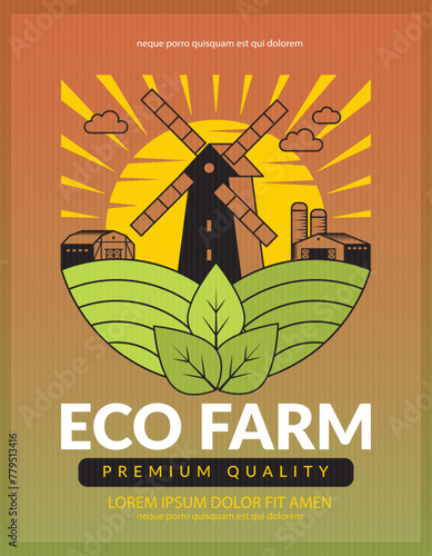 Eco farm poster placard with mill illustration green field outdoor