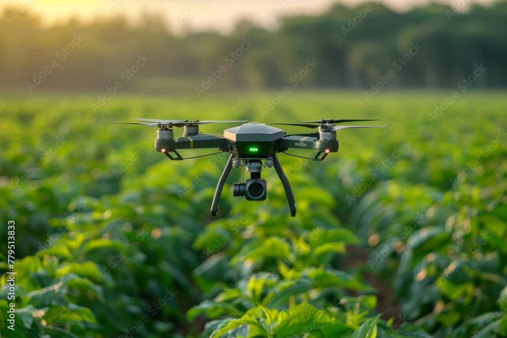 Agricultural drone flying over green crop fields Agricultural drone flying over green crop fields