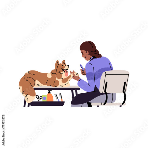 Fluffy dog shows tongue on grooming table with tools. Groomer cuts claws of happy puppy. Professional domestic animals care service. Pet salon. Flat isolated vector illustration on white background