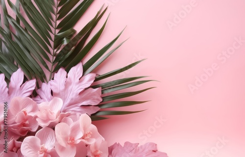 Valentine or wedding day background. Beautiful pink spring flowers and green leaves isolated on a pink pastel background or wallpaper. Generative AI.