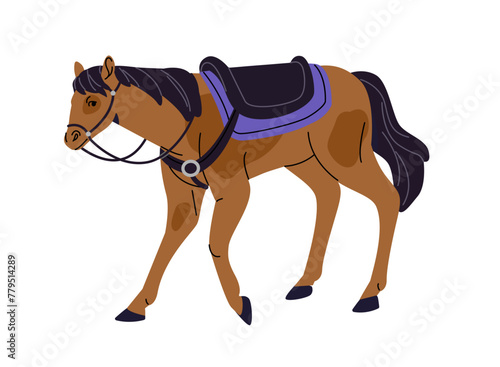 Domestic spotted horse with rein and saddle. Ranch animal, pet, livestock relax. Filly, mare for equestrianism. Flat isolated vector illustration on white background