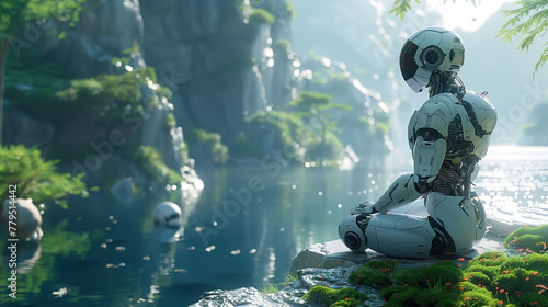 A robot stands gracefully in the midst of vibrant green nature. Green computing, Csr, IT Ethics, Nature technology interaction, and Environmental friendly. Generative Ai.