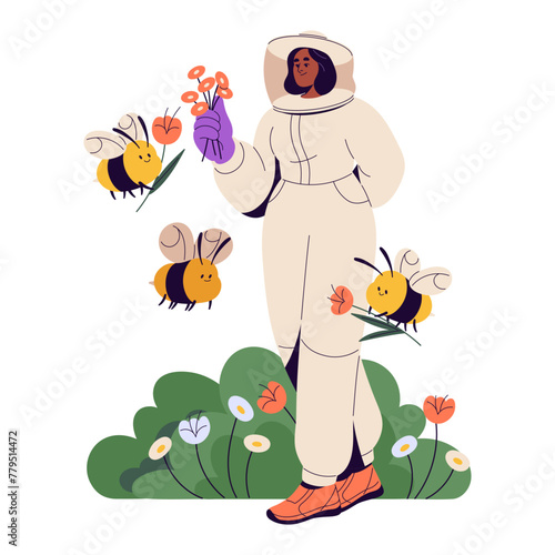 Honeybees fly, gather meadow flowers. Apiarist in protective suit walks with bees, collects plants, holds posy. Beekeeper care about apiary. Flat vector illustration isolated on white background