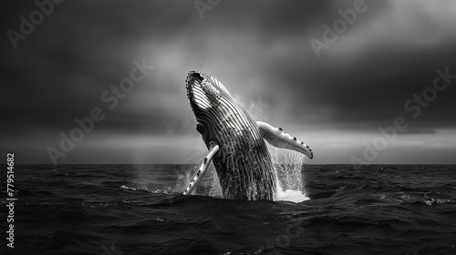 majestic humpback whale breaching the surface of an ocean, high contrast portrait, black and white © Uwe