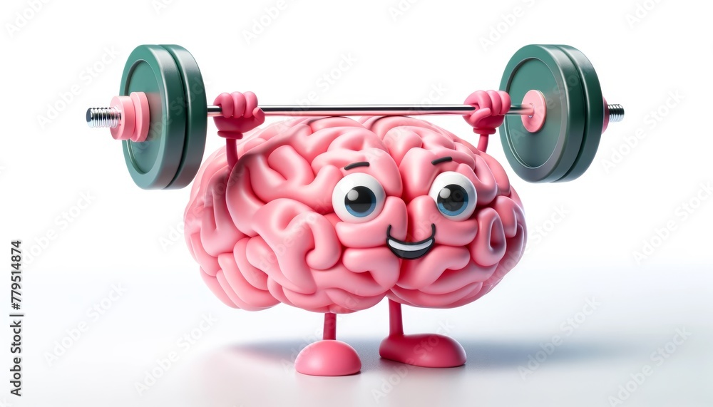 3D cartoon brain character lifting a heavy barbell, concept for brain training and mental health care 3D cartoon brain character lifting a heavy barbell, concept for brain training and mental health care